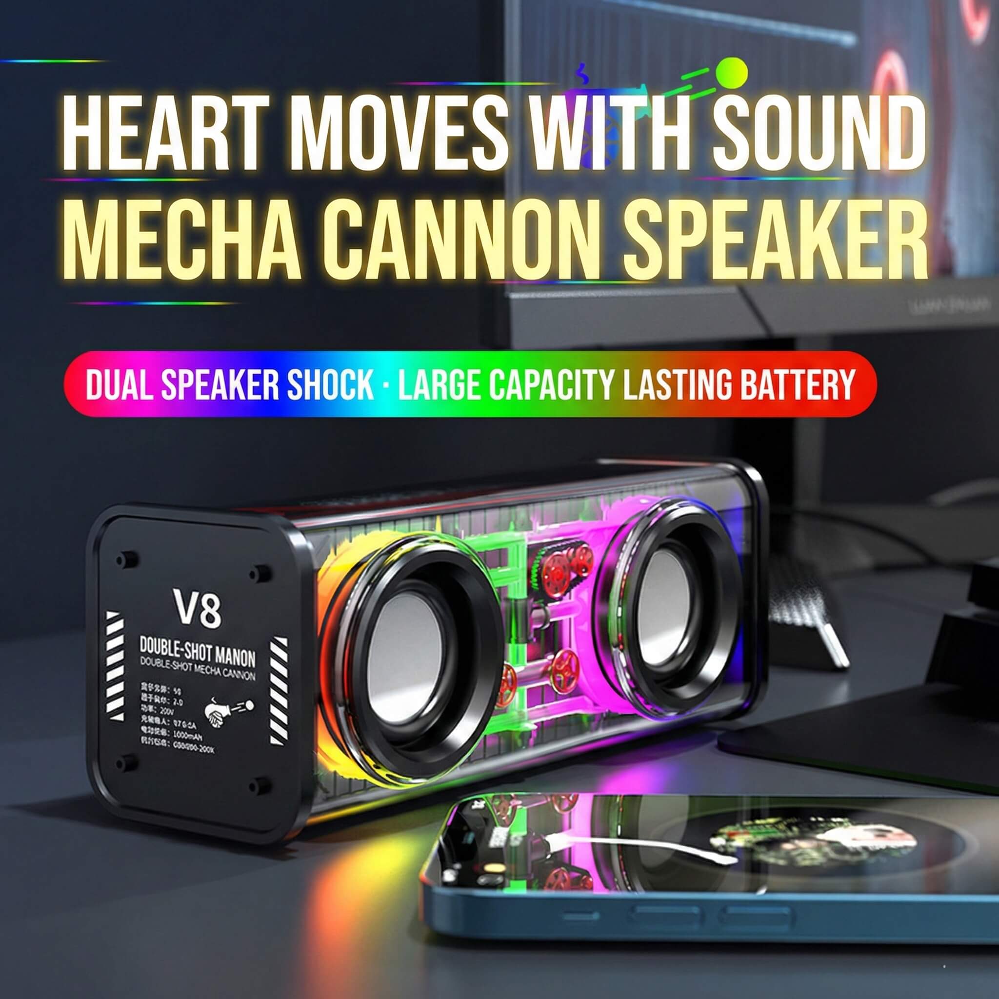 V8 Mecha Transparent Speaker: 360° Stereo Sound with Beat-Driven Light Show