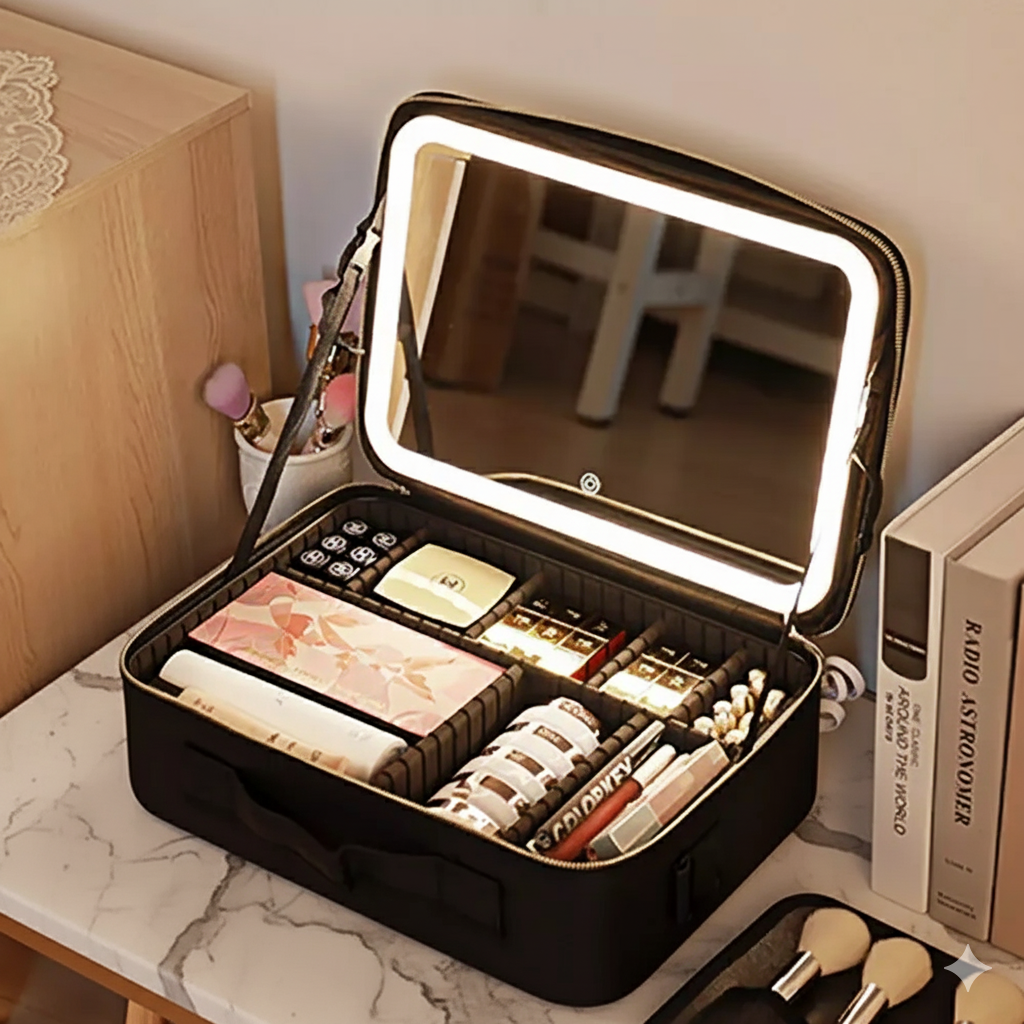 LED Makeup Bag with Mirror – Portable Cosmetic Organizer