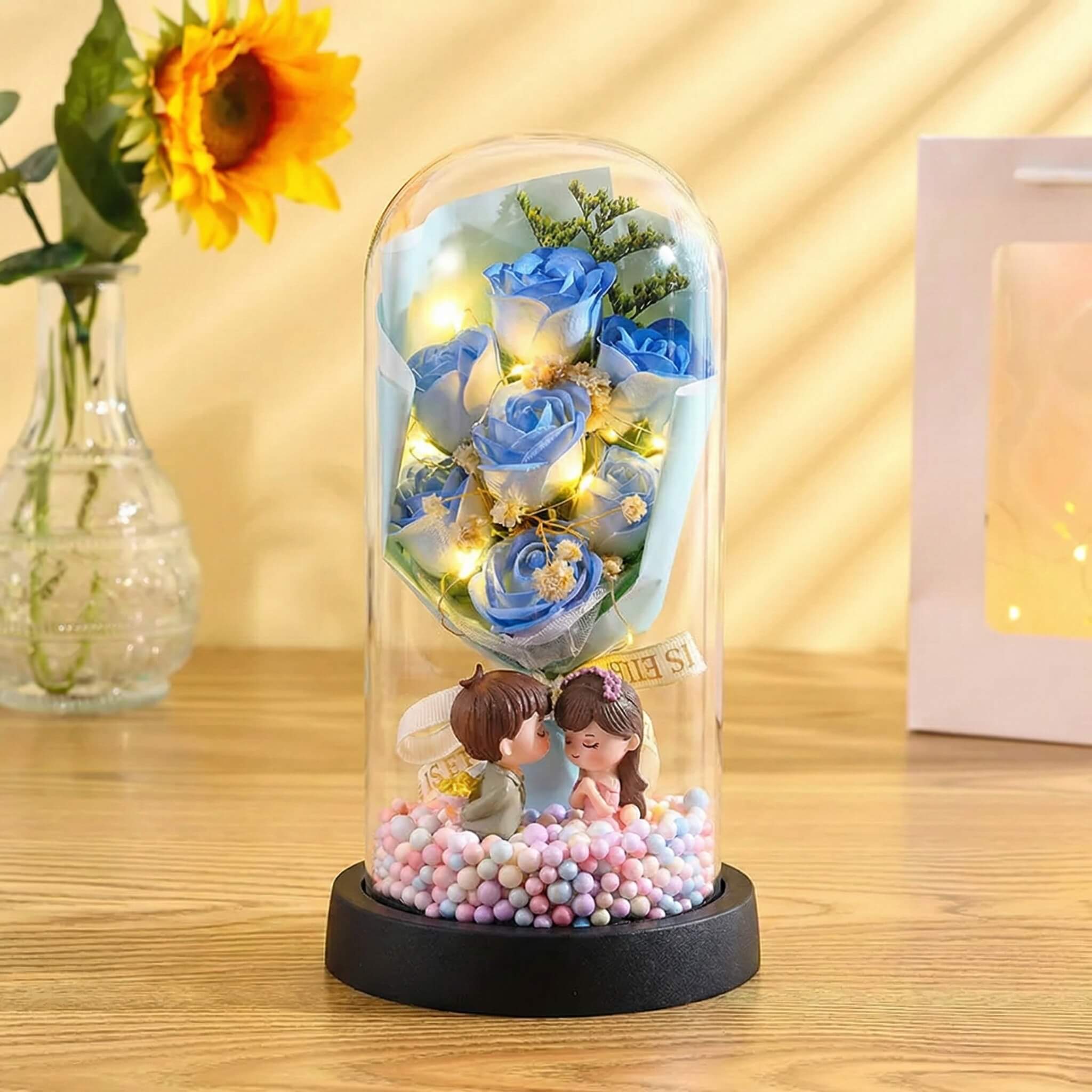 Eternal Rose Bouquet in Glass Dome with LED Lights | Best Anniversary & Valentine's Gift