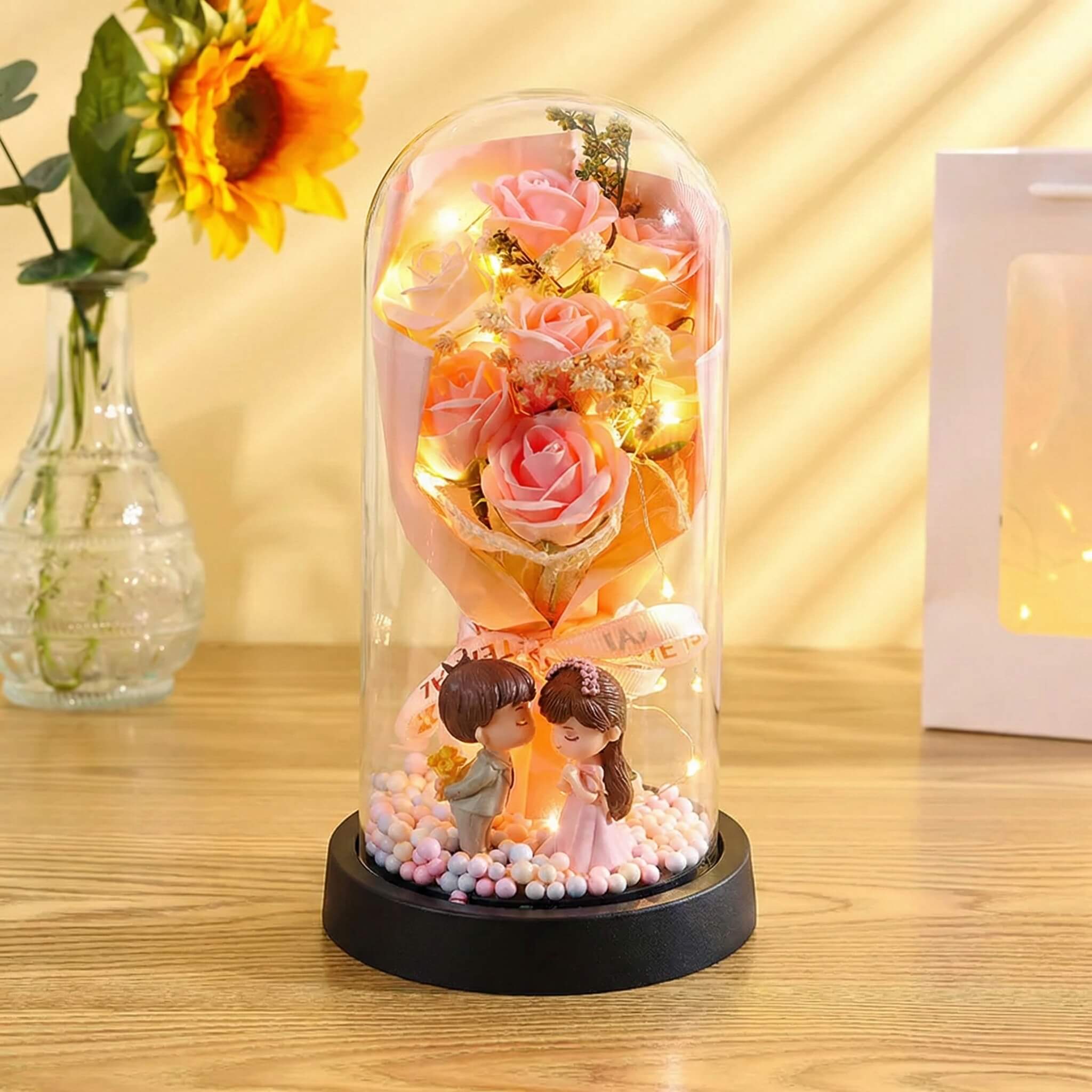 Eternal Rose Bouquet in Glass Dome with LED Lights | Best Anniversary & Valentine's Gift